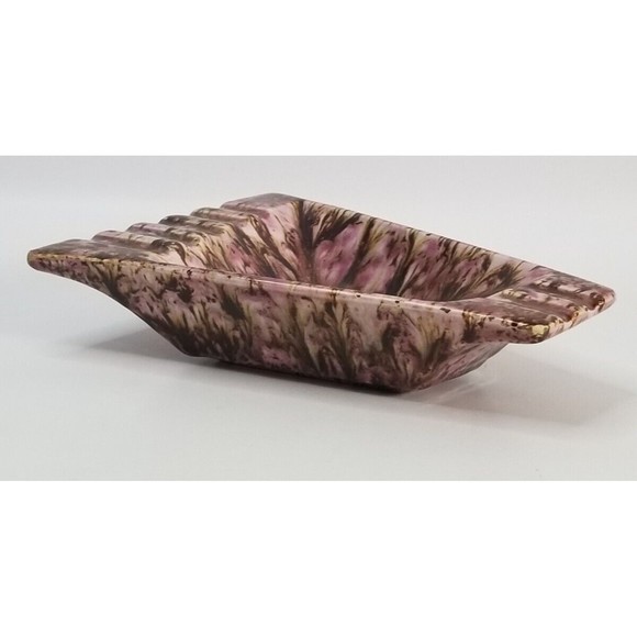 VINTAGE MCM Art Deco Ashtray Geometric Ceramic Brown Gold Pink Purple - Picture 2 of 10